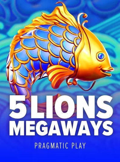 A vivid depiction of a carp with a blue and gold stylized imagery that has details hanging on a blue plate with the writings of 5 Lions Megaways and Pragmatic Play placed on it.