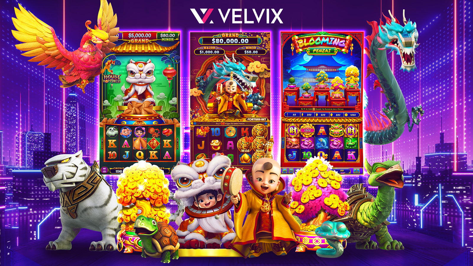 The originally designed slot games for the oriental feature the bald eagle, dragon and tiger in the Asia Slot banner with slot machines with a add on gold touch and a neon city fillin the background.