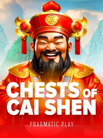 In this image, the viewer sees Cai Shen, a Chinese deity associated with wealth, dressed in golden and red garments, beaming with a cheerful smile. The text ‘Chests of Cai Shen’ along with ‘Pragmatic Play’ is also visible.