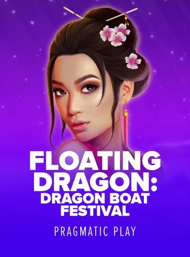 A blissful and festive image which displays a charming Asian lady with cherry blossom flowers on her head which is captured in a purple themed background. This shot is captioned ‘Floating Dragon: Dragon Boat Festival’ and ‘Pragmatic Play’.