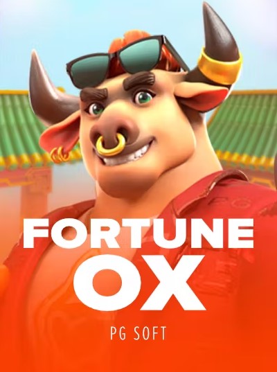 An animation featuring a stubby bull character in glasses and a nose ring appears on the double-page spread together with the title, “Fortune Ox’’ and “PG Soft’’.