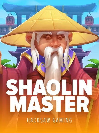 An impressive portrayal of a wise old shaolin monk draped with a cone cap seen with a rough smile with the backdrop of a temple appearing to form the title ‘shaolin Master with a caption of hacksaw gaming’.