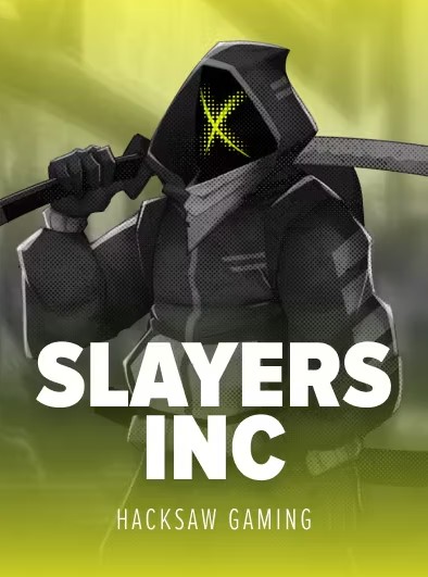 The enclosed practical atmosphere where a hooded structure was sitting holding a sword with neon green shades has the title ‘Slayers Inc’ and Hacksaw Gaming located at the bottom.