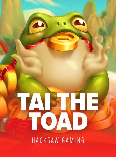 In the centre of the graphic is a fat golden toad standing in front of a motion background alongside two gold coins in its mouth, under the title ‘Tai the Toad’ and designer ‘Hacksaw Gaming’.